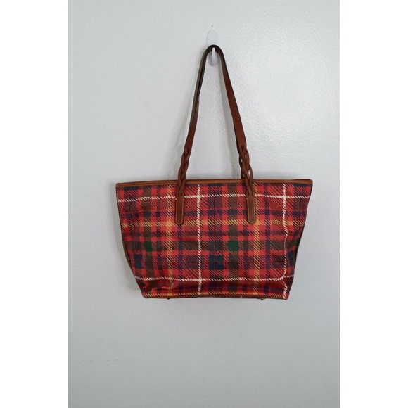 Dooney & Bourke Red Tartan Plaid Braided Handle Shopper Tote - Picture 3 of 8